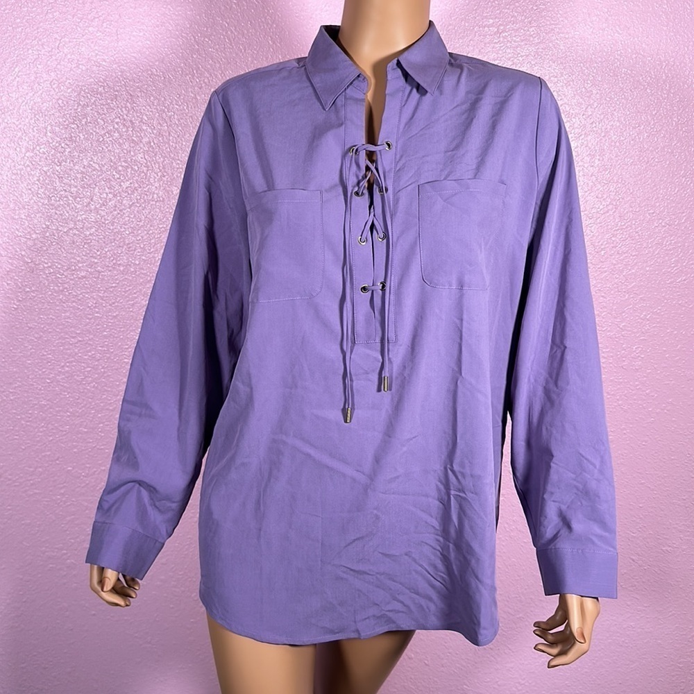 CHICO’S BLOUSE PURPLE  long sleeves w/cuffs buttons upper pockets & drawstring - Picture 2 of 11